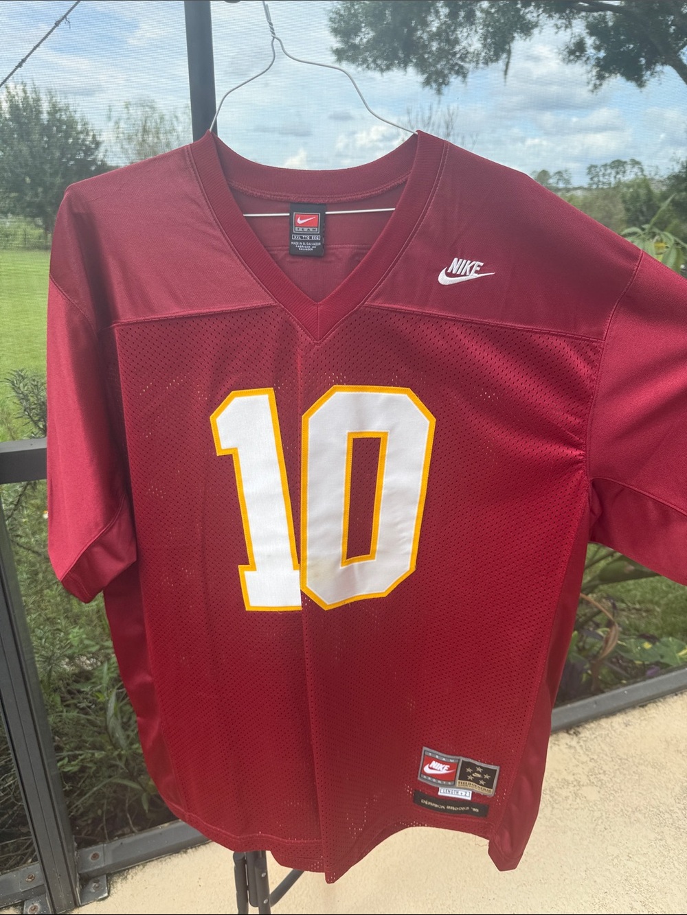 Nike Men's Maroon Football Jersey with White and Gold Number 10